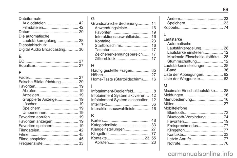 OPEL INSIGNIA 2016.5  Infotainment-Handbuch (in German) 89DateiformateAudiodateien ............................. 42
Filmdateien................................ 42
Datum ........................................... 29
Die automatische Lautstärkeregelung ...