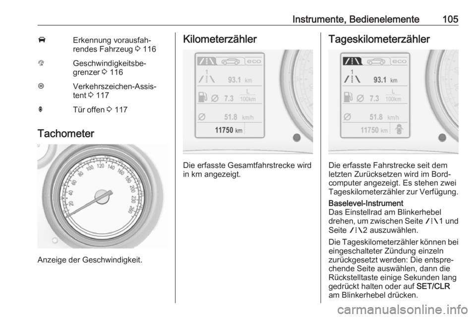 OPEL INSIGNIA 2017  Betriebsanleitung (in German) Instrumente, Bedienelemente105AErkennung vorausfah‐
rendes Fahrzeug  3 116LGeschwindigkeitsbe‐
grenzer  3 116LVerkehrszeichen-Assis‐
tent  3 117hTür offen  3 117
Tachometer
Anzeige der Geschwin
