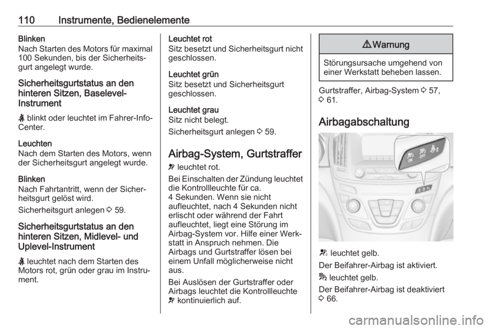 OPEL INSIGNIA 2017 Betriebsanleitung (in German) 110Instrumente, BedienelementeBlinken
Nach Starten des Motors für maximal 100 Sekunden, bis der Sicherheits‐
gurt angelegt wurde.
Sicherheitsgurtstatus an den
hinteren Sitzen, Baselevel-
Instrument OPEL INSIGNIA 2017 Betriebsanleitung (in German) 110Instrumente, BedienelementeBlinken
Nach Starten des Motors für maximal 100 Sekunden, bis der Sicherheits‐
gurt angelegt wurde.
Sicherheitsgurtstatus an den
hinteren Sitzen, Baselevel-
Instrument