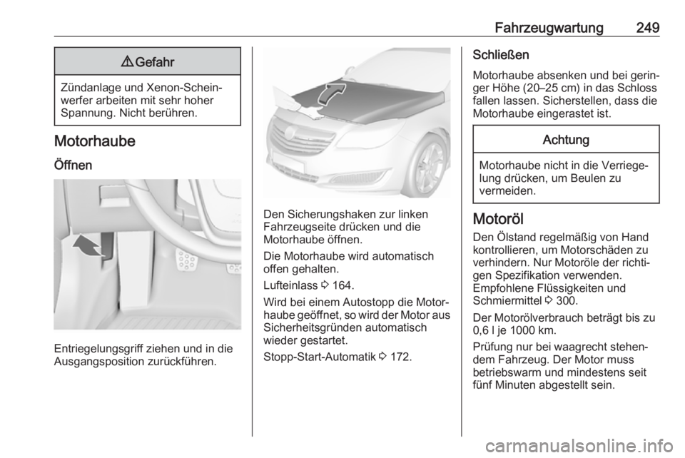 OPEL INSIGNIA 2017 Betriebsanleitung (in German) Fahrzeugwartung2499Gefahr
Zündanlage und Xenon-Schein‐
werfer arbeiten mit sehr hoher
Spannung. Nicht berühren.
Motorhaube
Öffnen
Entriegelungsgriff ziehen und in die
Ausgangsposition zurückfüh OPEL INSIGNIA 2017 Betriebsanleitung (in German) Fahrzeugwartung2499Gefahr
Zündanlage und Xenon-Schein‐
werfer arbeiten mit sehr hoher
Spannung. Nicht berühren.
Motorhaube
Öffnen
Entriegelungsgriff ziehen und in die
Ausgangsposition zurückfüh