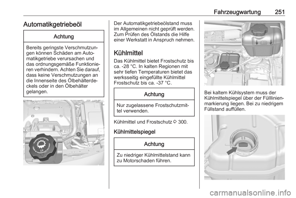 OPEL INSIGNIA 2017 Betriebsanleitung (in German) Fahrzeugwartung251AutomatikgetriebeölAchtung
Bereits geringste Verschmutzun‐
gen können Schäden am Auto‐
matikgetriebe verursachen und
das ordnungsgemäße Funktionie‐
ren verhindern. Achten OPEL INSIGNIA 2017 Betriebsanleitung (in German) Fahrzeugwartung251AutomatikgetriebeölAchtung
Bereits geringste Verschmutzun‐
gen können Schäden am Auto‐
matikgetriebe verursachen und
das ordnungsgemäße Funktionie‐
ren verhindern. Achten