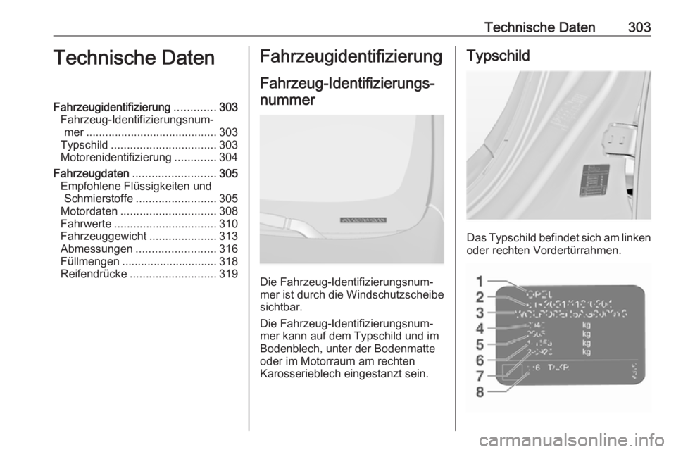 OPEL INSIGNIA 2017 Betriebsanleitung (in German) Technische Daten303Technische DatenFahrzeugidentifizierung.............303
Fahrzeug-Identifizierungsnum‐ mer ......................................... 303
Typschild ................................. OPEL INSIGNIA 2017 Betriebsanleitung (in German) Technische Daten303Technische DatenFahrzeugidentifizierung.............303
Fahrzeug-Identifizierungsnum‐ mer ......................................... 303
Typschild .................................