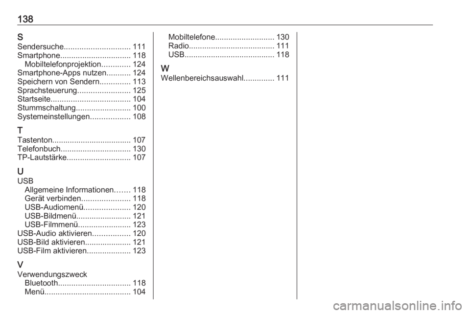 OPEL INSIGNIA BREAK 2017.5  Infotainment-Handbuch (in German) 138SSendersuche .............................. 111
Smartphone ................................ 118
Mobiltelefonprojektion .............124
Smartphone-Apps nutzen ...........124
Speichern von Sendern .