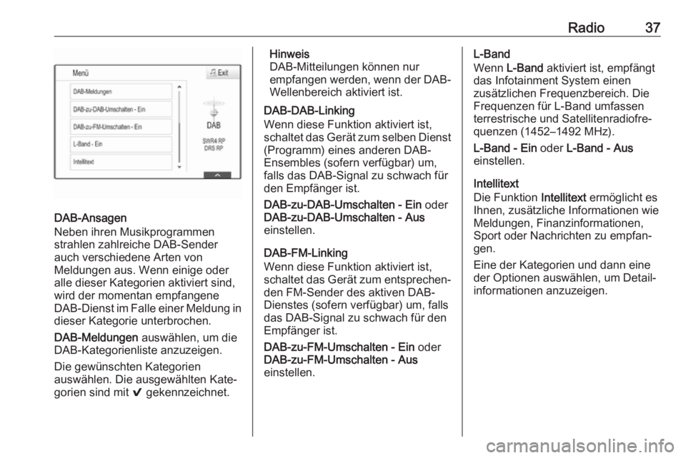 OPEL INSIGNIA BREAK 2017.5  Infotainment-Handbuch (in German) Radio37
DAB-Ansagen
Neben ihren Musikprogrammen
strahlen zahlreiche DAB-Sender
auch verschiedene Arten von
Meldungen aus. Wenn einige oder
alle dieser Kategorien aktiviert sind,
wird der momentan empf