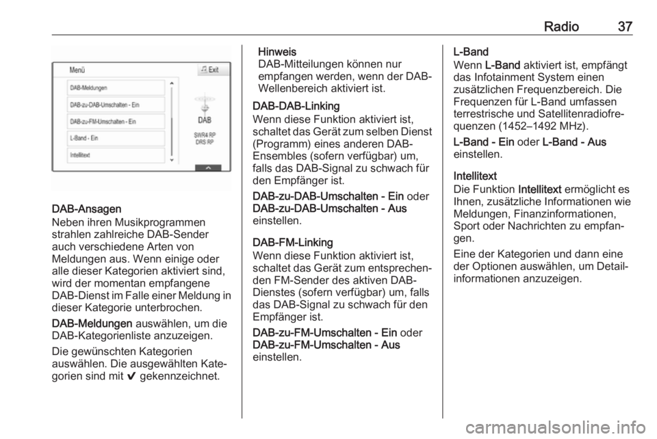 OPEL INSIGNIA BREAK 2017.75  Infotainment-Handbuch (in German) Radio37
DAB-Ansagen
Neben ihren Musikprogrammen
strahlen zahlreiche DAB-Sender
auch verschiedene Arten von
Meldungen aus. Wenn einige oder
alle dieser Kategorien aktiviert sind,
wird der momentan empf
