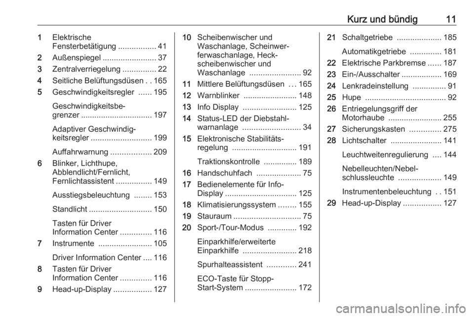 OPEL INSIGNIA BREAK 2017.75  Betriebsanleitung (in German) Kurz und bündig111Elektrische
Fensterbetätigung .................41
2 Außenspiegel ........................ 37
3 Zentralverriegelung ...............22
4 Seitliche Belüftungsdüsen ..165
5 Geschwin