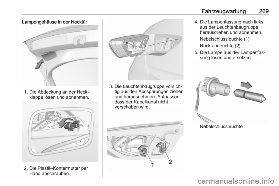 OPEL INSIGNIA BREAK 2018  Betriebsanleitung (in German) Fahrzeugwartung269Lampengehäuse in der Hecktür
1. Die Abdeckung an der Heck‐klappe lösen und abnehmen.
2. Die Plastik-Kontermutter perHand abschrauben.
3. Die Leuchtenbaugruppe vorsich‐tig aus 