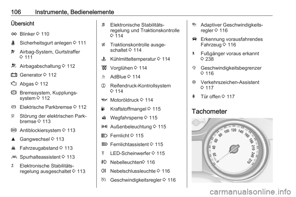 OPEL INSIGNIA BREAK 2019  Betriebsanleitung (in German) 106Instrumente, BedienelementeÜbersichtOBlinker 3 110XSicherheitsgurt anlegen  3 111vAirbag-System, Gurtstraffer
3  111VAirbagabschaltung  3 112pGenerator  3 112ZAbgas  3 112RBremssystem, Kupplungs