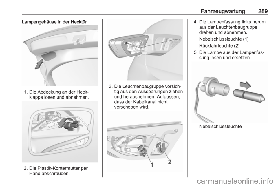 OPEL INSIGNIA BREAK 2019  Betriebsanleitung (in German) Fahrzeugwartung289Lampengehäuse in der Hecktür
1. Die Abdeckung an der Heck‐klappe lösen und abnehmen.
2. Die Plastik-Kontermutter perHand abschrauben.
3. Die Leuchtenbaugruppe vorsich‐tig aus 