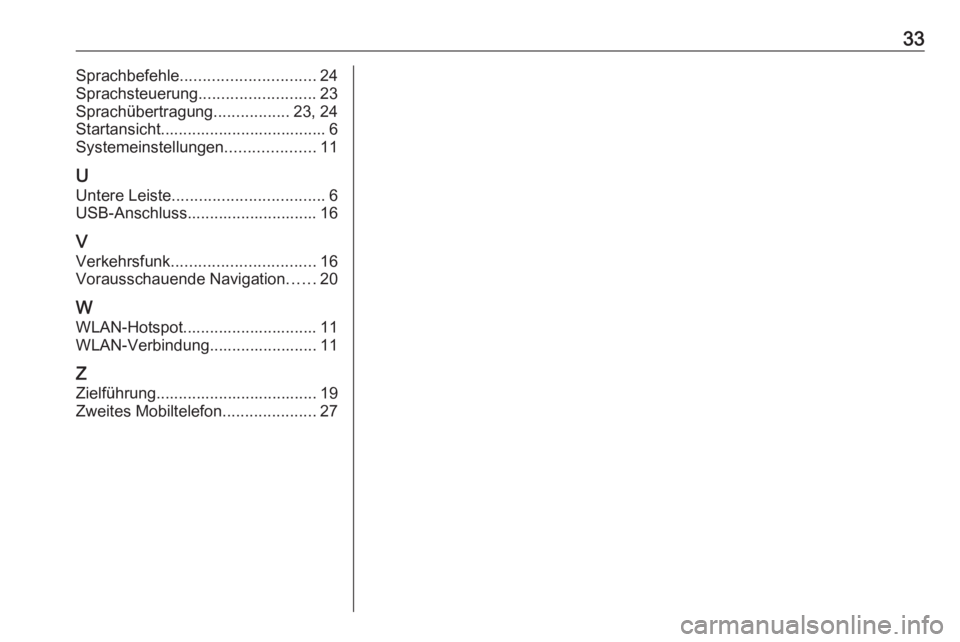 OPEL INSIGNIA BREAK 2019.5  Infotainment-Handbuch (in German) 33Sprachbefehle.............................. 24
Sprachsteuerung ..........................23
Sprachübertragung .................23, 24
Startansicht..................................... 6 Systemeinst