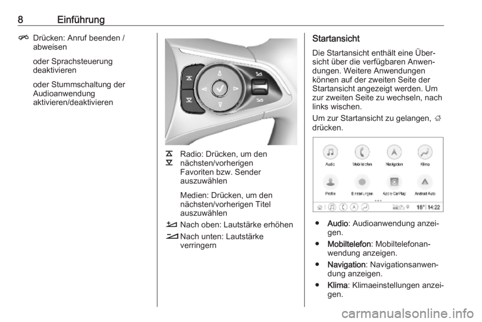 OPEL INSIGNIA BREAK 2019.5  Infotainment-Handbuch (in German) 8EinführungnDrücken: Anruf beenden /
abweisen
oder Sprachsteuerung
deaktivieren
oder Stummschaltung der
Audioanwendung
aktivieren/deaktivieren
k
l Radio: Drücken, um den
nächsten/vorherigen
Favori