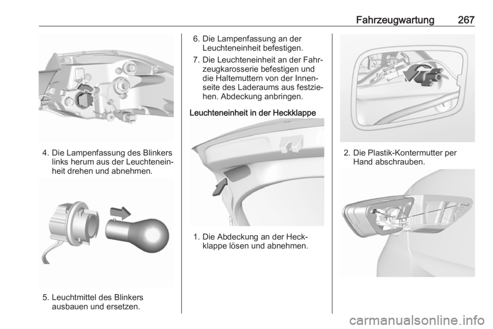 OPEL INSIGNIA BREAK 2019.5 Betriebsanleitung (in German) Fahrzeugwartung267
4. Die Lampenfassung des Blinkerslinks herum aus der Leuchtenein‐
heit drehen und abnehmen.
5. Leuchtmittel des Blinkers ausbauen und ersetzen.
6. Die Lampenfassung an derLeuchten OPEL INSIGNIA BREAK 2019.5 Betriebsanleitung (in German) Fahrzeugwartung267
4. Die Lampenfassung des Blinkerslinks herum aus der Leuchtenein‐
heit drehen und abnehmen.
5. Leuchtmittel des Blinkers ausbauen und ersetzen.
6. Die Lampenfassung an derLeuchten