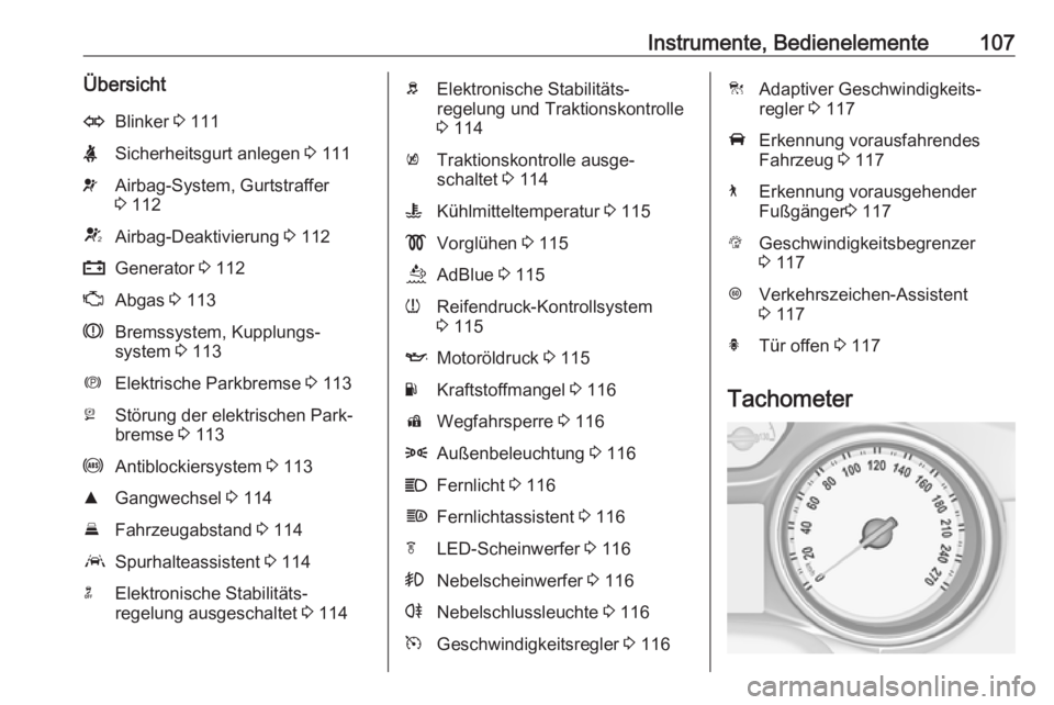 OPEL INSIGNIA BREAK 2020  Betriebsanleitung (in German) Instrumente, Bedienelemente107ÜbersichtOBlinker 3 111XSicherheitsgurt anlegen  3 111vAirbag-System, Gurtstraffer
3  112VAirbag-Deaktivierung  3 112pGenerator  3 112ZAbgas  3 113RBremssystem, Kupplung