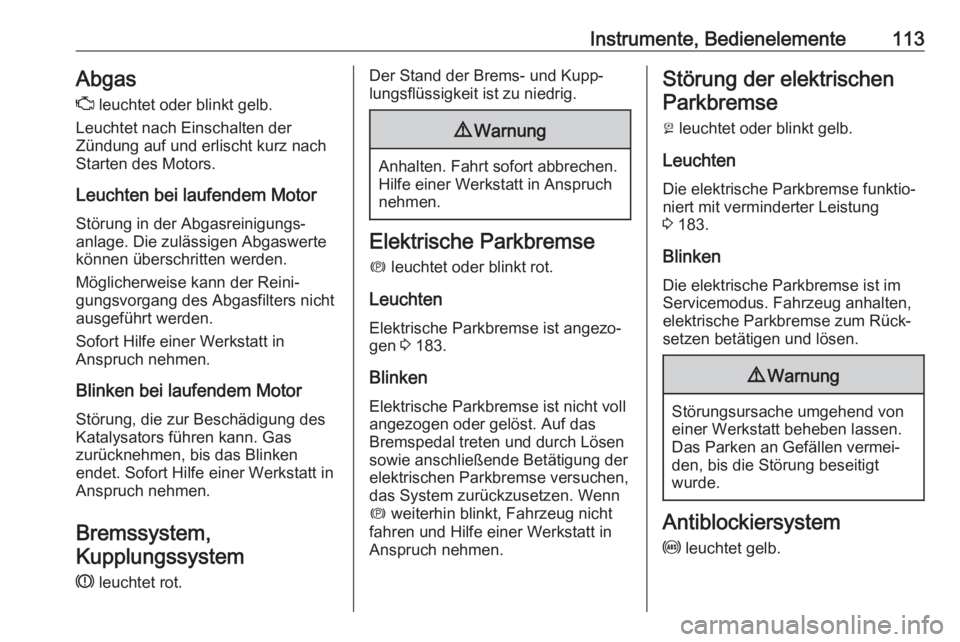 OPEL INSIGNIA BREAK 2020  Betriebsanleitung (in German) Instrumente, Bedienelemente113Abgas
Z  leuchtet oder blinkt gelb.
Leuchtet nach Einschalten der
Zündung auf und erlischt kurz nach
Starten des Motors.
Leuchten bei laufendem Motor Störung in der Abg