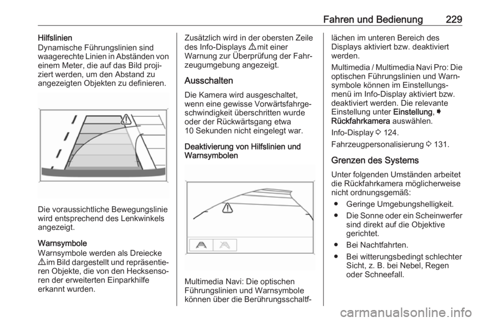 OPEL INSIGNIA BREAK 2020  Betriebsanleitung (in German) Fahren und Bedienung229Hilfslinien
Dynamische Führungslinien sind
waagerechte Linien in Abständen von
einem Meter, die auf das Bild proji‐
ziert werden, um den Abstand zu
angezeigten Objekten zu d