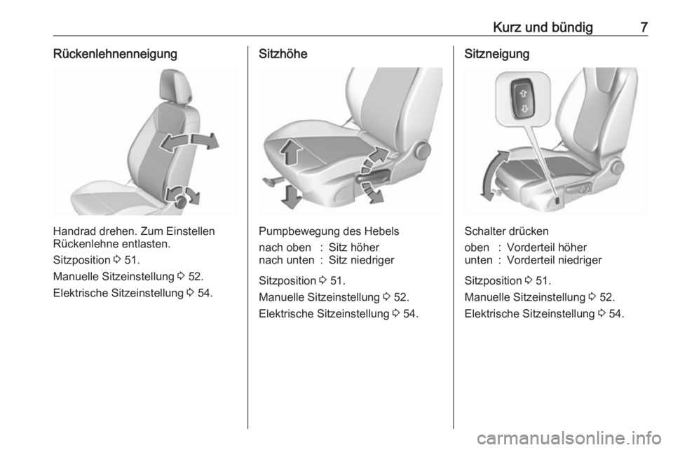 OPEL INSIGNIA BREAK 2020  Betriebsanleitung (in German) Kurz und bündig7Rückenlehnenneigung
Handrad drehen. Zum Einstellen
Rückenlehne entlasten.
Sitzposition  3 51.
Manuelle Sitzeinstellung  3 52.
Elektrische Sitzeinstellung  3 54.
Sitzhöhe
Pumpbewegu