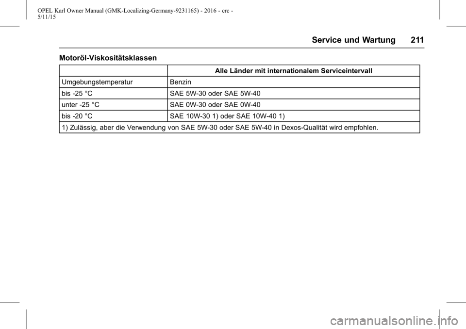 OPEL KARL 2015.75 Betriebsanleitung (in German) OPEL Karl Owner Manual (GMK-Localizing-Germany-9231165) - 2016 - crc -
5/11/15
Service und Wartung 211
Motoröl-Viskositätsklassen
Alle Länder mit internationalem Serviceintervall
Umgebungstemperatu OPEL KARL 2015.75 Betriebsanleitung (in German) OPEL Karl Owner Manual (GMK-Localizing-Germany-9231165) - 2016 - crc -
5/11/15
Service und Wartung 211
Motoröl-Viskositätsklassen
Alle Länder mit internationalem Serviceintervall
Umgebungstemperatu