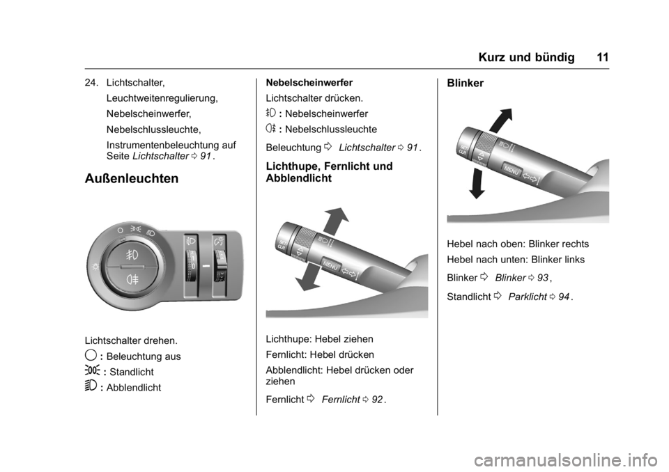 OPEL KARL 2016  Betriebsanleitung (in German) OPEL Karl Owner Manual (GMK-Localizing-Germany-9231165) - 2016 - crc -
9/10/15
Kurz und bündig 11
24. Lichtschalter,Leuchtweitenregulierung,
Nebelscheinwerfer,
Nebelschlussleuchte,
Instrumentenbeleuc