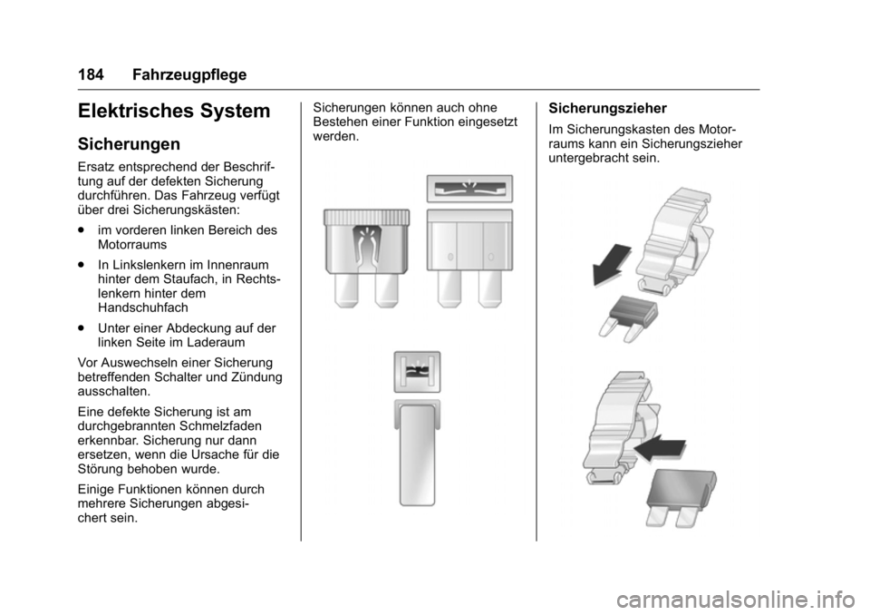 OPEL KARL 2016  Betriebsanleitung (in German) OPEL Karl Owner Manual (GMK-Localizing-Germany-9231165) - 2016 - crc -
9/10/15
184 Fahrzeugpflege
Elektrisches System
Sicherungen
Ersatz entsprechend der Beschrif-
tung auf der defekten Sicherung
durc