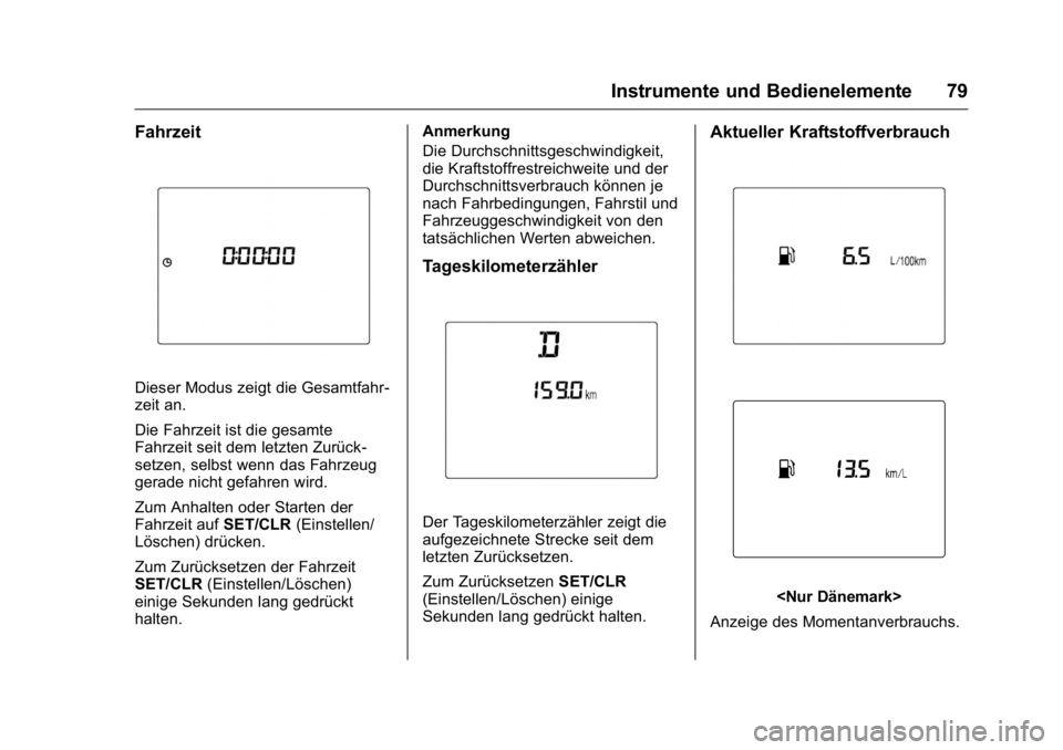OPEL KARL 2016  Betriebsanleitung (in German) OPEL Karl Owner Manual (GMK-Localizing-Germany-9231165) - 2016 - crc -
9/10/15
Instrumente und Bedienelemente 79
Fahrzeit
Dieser Modus zeigt die Gesamtfahr-
zeit an.
Die Fahrzeit ist die gesamte
Fahrz