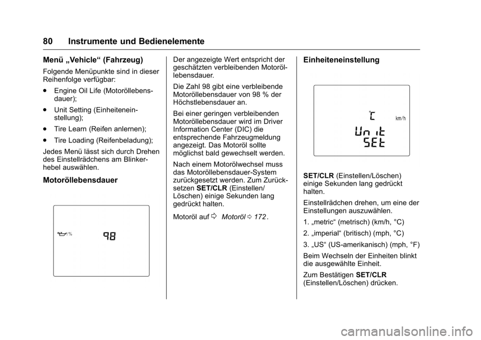 OPEL KARL 2016  Betriebsanleitung (in German) OPEL Karl Owner Manual (GMK-Localizing-Germany-9231165) - 2016 - crc -
9/10/15
80 Instrumente und Bedienelemente
Menü„Vehicle“ (Fahrzeug)
Folgende Menüpunkte sind in dieser
Reihenfolge verfügba