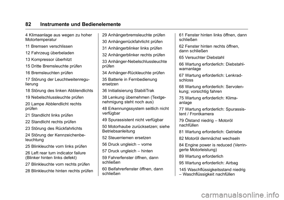 OPEL KARL 2016  Betriebsanleitung (in German) OPEL Karl Owner Manual (GMK-Localizing-Germany-9231165) - 2016 - crc -
9/10/15
82 Instrumente und Bedienelemente
4 Klimaanlage aus wegen zu hoher
Motortemperatur
11 Bremsen verschlissen
12 Fahrzeug ü