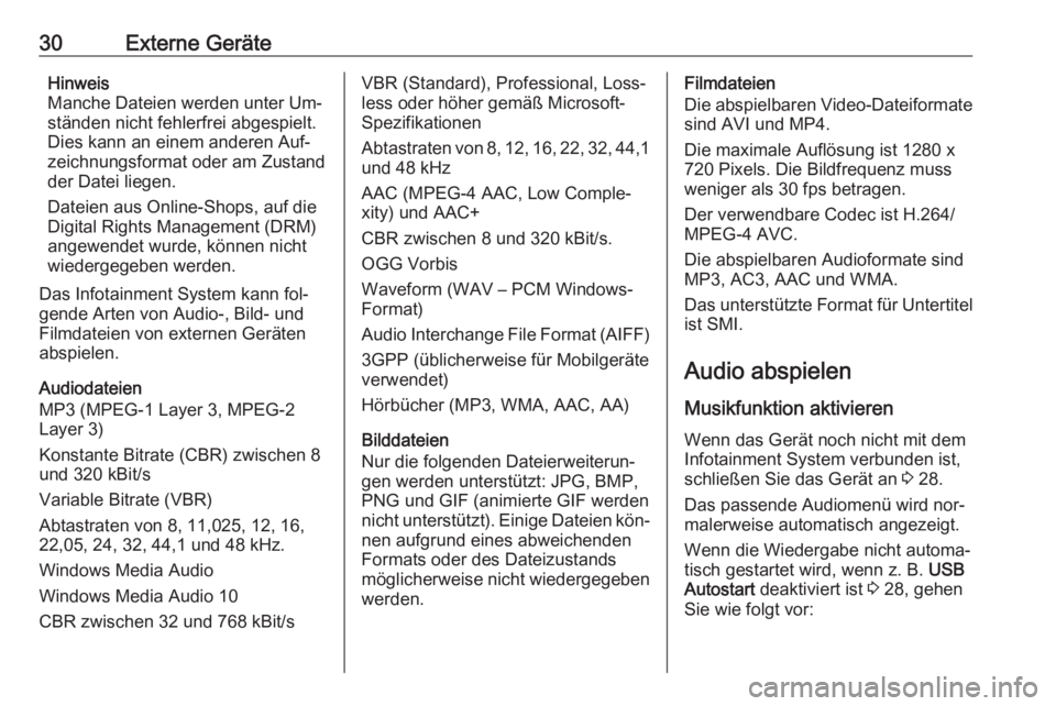 OPEL KARL 2016.5  Infotainment-Handbuch (in German) 30Externe GeräteHinweis
Manche Dateien werden unter Um‐
ständen nicht fehlerfrei abgespielt.
Dies kann an einem anderen Auf‐
zeichnungsformat oder am Zustand
der Datei liegen.
Dateien aus Online