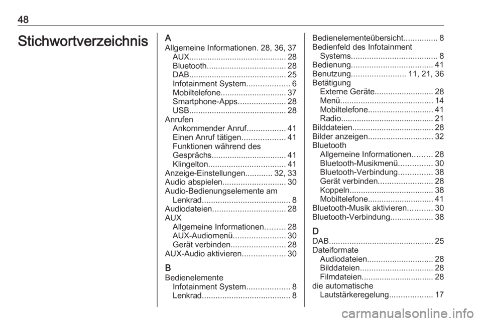 OPEL KARL 2016.5  Infotainment-Handbuch (in German) 48StichwortverzeichnisAAllgemeine Informationen. 28, 36, 37 AUX ........................................... 28
Bluetooth ................................... 28
DAB ....................................