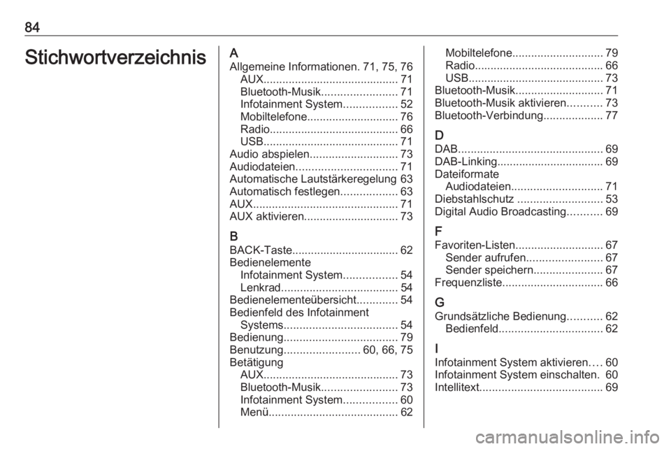 OPEL KARL 2016.5  Infotainment-Handbuch (in German) 84StichwortverzeichnisAAllgemeine Informationen. 71, 75, 76 AUX ........................................... 71
Bluetooth-Musik ........................71
Infotainment System .................52
Mobilt