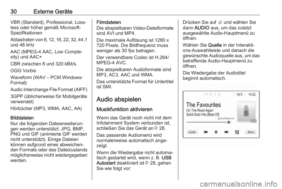 OPEL KARL 2017  Infotainment-Handbuch (in German) 30Externe GeräteVBR (Standard), Professional, Loss‐
less oder höher gemäß Microsoft-
Spezifikationen
Abtastraten von 8, 12, 16, 22, 32, 44,1
und 48 kHz
AAC (MPEG-4 AAC, Low Comple‐
xity) und A