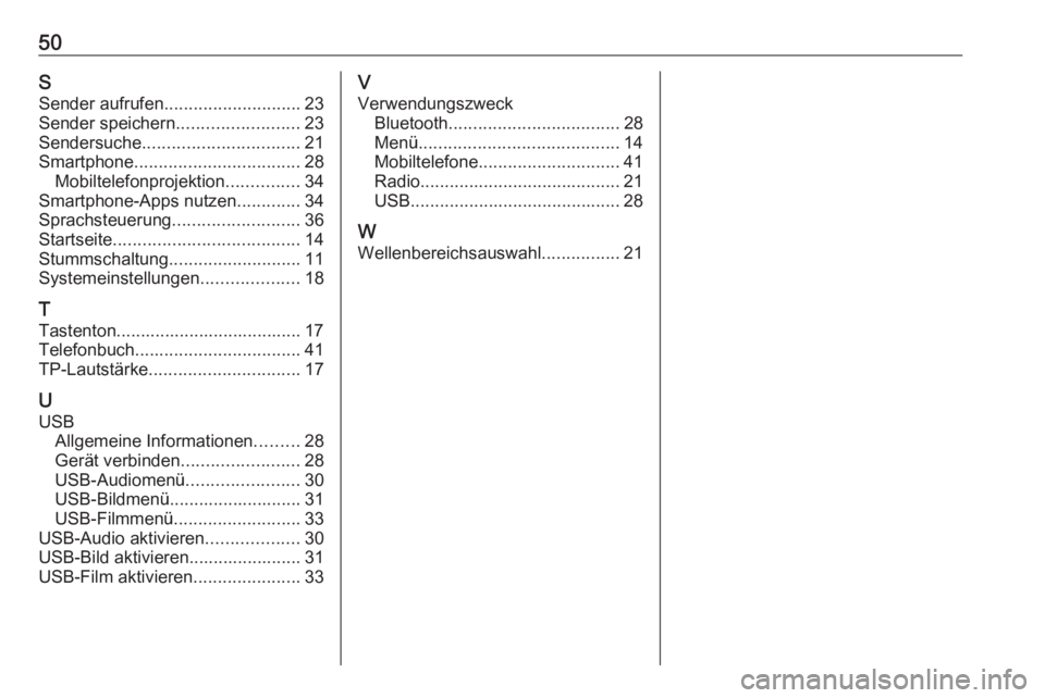 OPEL KARL 2017  Infotainment-Handbuch (in German) 50SSender aufrufen ............................ 23
Sender speichern .........................23
Sendersuche ................................ 21
Smartphone .................................. 28
Mobilte