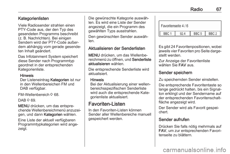 OPEL KARL 2017 Infotainment-Handbuch (in German) Radio67KategorienlistenViele Radiosender strahlen einen
PTY-Code aus, der den Typ des
gesendeten Programms beschreibt
(z. B. Nachrichten). Bei einigen
Sendern wird der PTY-Code außer‐
dem abhängig OPEL KARL 2017 Infotainment-Handbuch (in German) Radio67KategorienlistenViele Radiosender strahlen einen
PTY-Code aus, der den Typ des
gesendeten Programms beschreibt
(z. B. Nachrichten). Bei einigen
Sendern wird der PTY-Code außer‐
dem abhängig