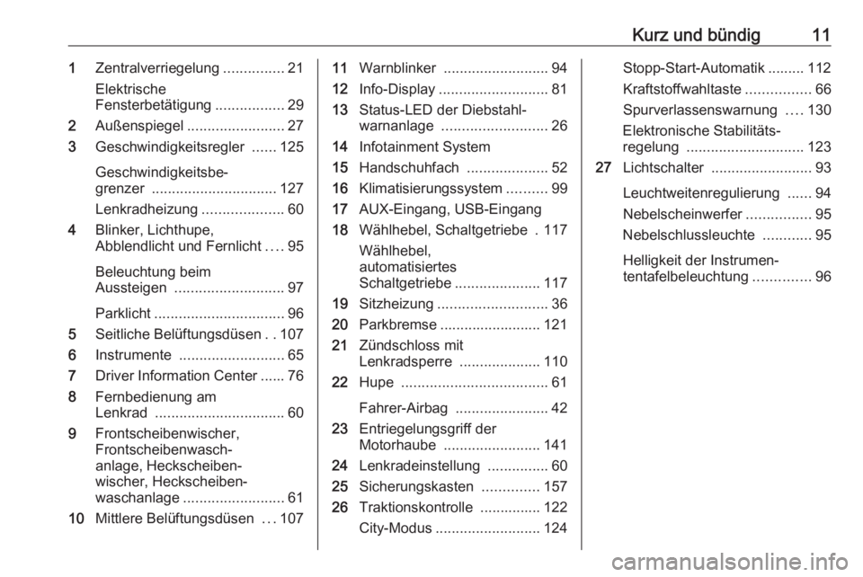 OPEL KARL 2017  Betriebsanleitung (in German) Kurz und bündig111Zentralverriegelung ...............21
Elektrische
Fensterbetätigung .................29
2 Außenspiegel ........................ 27
3 Geschwindigkeitsregler  ......125
Geschwindigk