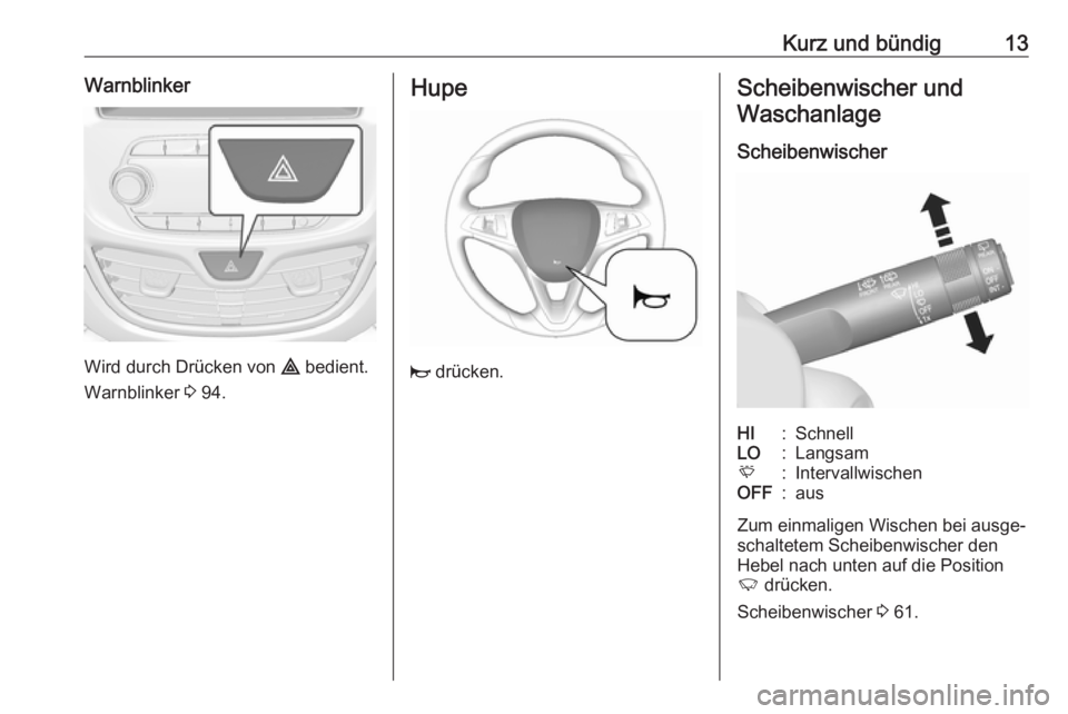 OPEL KARL 2017  Betriebsanleitung (in German) Kurz und bündig13Warnblinker
Wird durch Drücken von ¨ bedient.
Warnblinker  3 94.
Hupe
j  drücken.
Scheibenwischer und
Waschanlage
ScheibenwischerHI:SchnellLO:LangsamE:IntervallwischenOFF:aus
Zum 