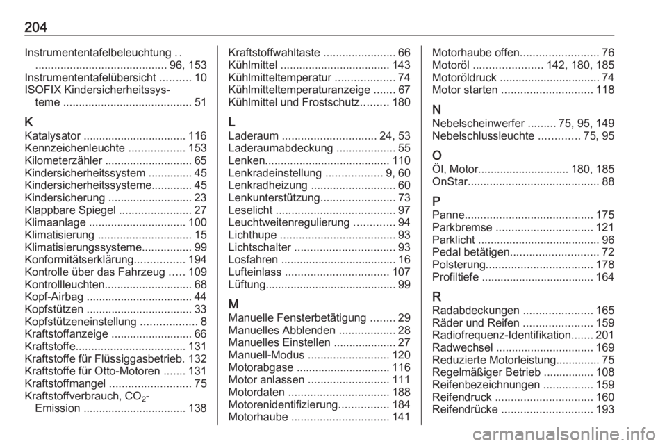 OPEL KARL 2017  Betriebsanleitung (in German) 204Instrumententafelbeleuchtung ..
.......................................... 96, 153
Instrumententafelübersicht  ..........10
ISOFIX Kindersicherheitssys‐ teme  ...................................