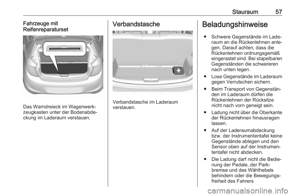OPEL KARL 2017  Betriebsanleitung (in German) Stauraum57Fahrzeuge mit
Reifenreparaturset
Das Warndreieck im Wagenwerk‐
zeugkasten unter der Bodenabde‐
ckung im Laderaum verstauen.
Verbandstasche
Verbandstasche im Laderaum
verstauen.
Beladungs