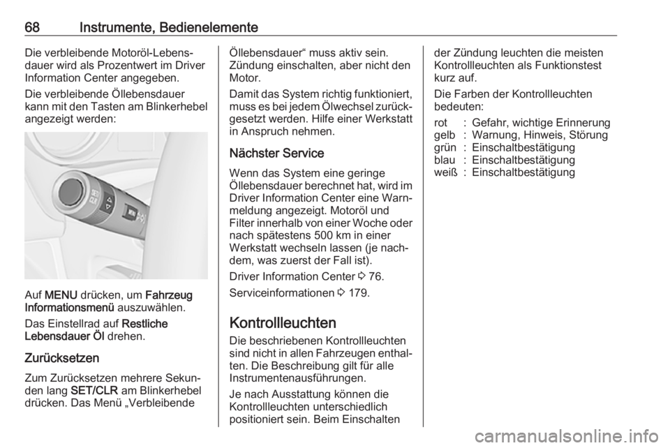 OPEL KARL 2017  Betriebsanleitung (in German) 68Instrumente, BedienelementeDie verbleibende Motoröl-Lebens‐
dauer wird als Prozentwert im Driver
Information Center angegeben.
Die verbleibende Öllebensdauer
kann mit den Tasten am Blinkerhebel 