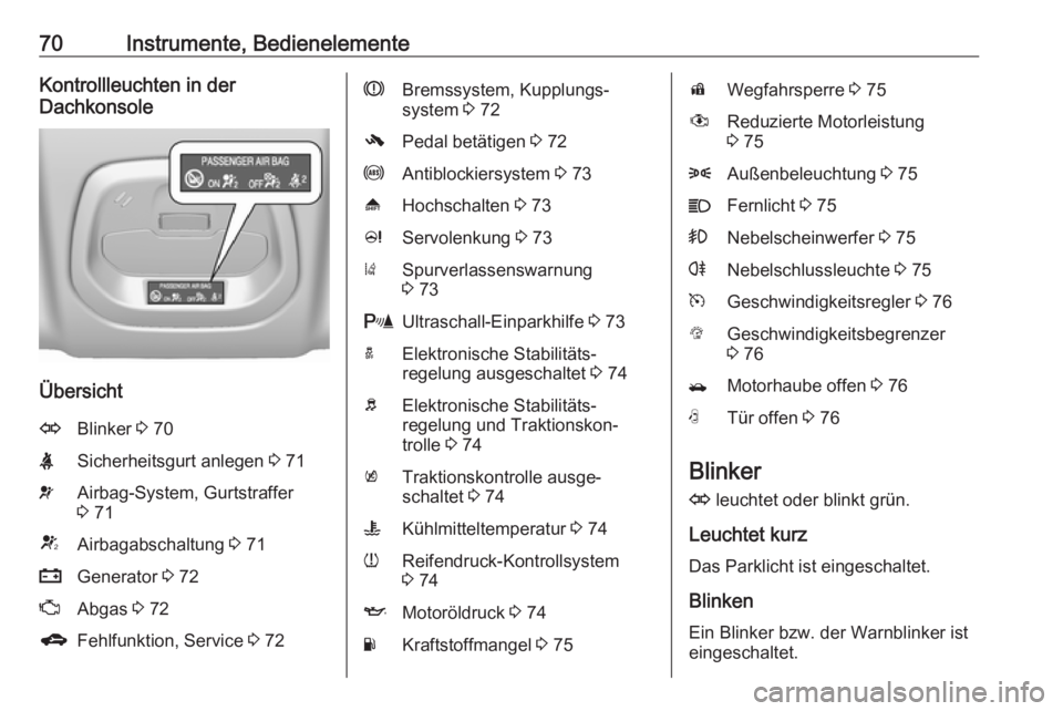 OPEL KARL 2017  Betriebsanleitung (in German) 70Instrumente, BedienelementeKontrollleuchten in der
Dachkonsole
Übersicht
OBlinker  3 70XSicherheitsgurt anlegen  3 71vAirbag-System, Gurtstraffer
3  71VAirbagabschaltung  3 71pGenerator  3 72ZAbgas