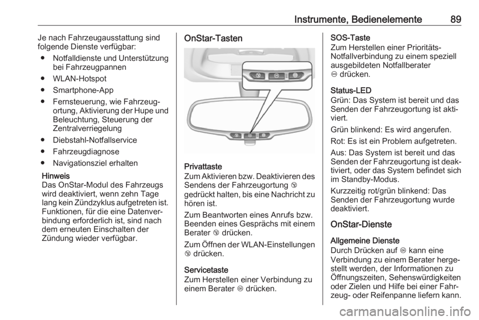 OPEL KARL 2017  Betriebsanleitung (in German) Instrumente, Bedienelemente89Je nach Fahrzeugausstattung sind
folgende Dienste verfügbar:
● Notfalldienste und Unterstützung
bei Fahrzeugpannen
● WLAN-Hotspot
● Smartphone-App
● Fernsteuerun