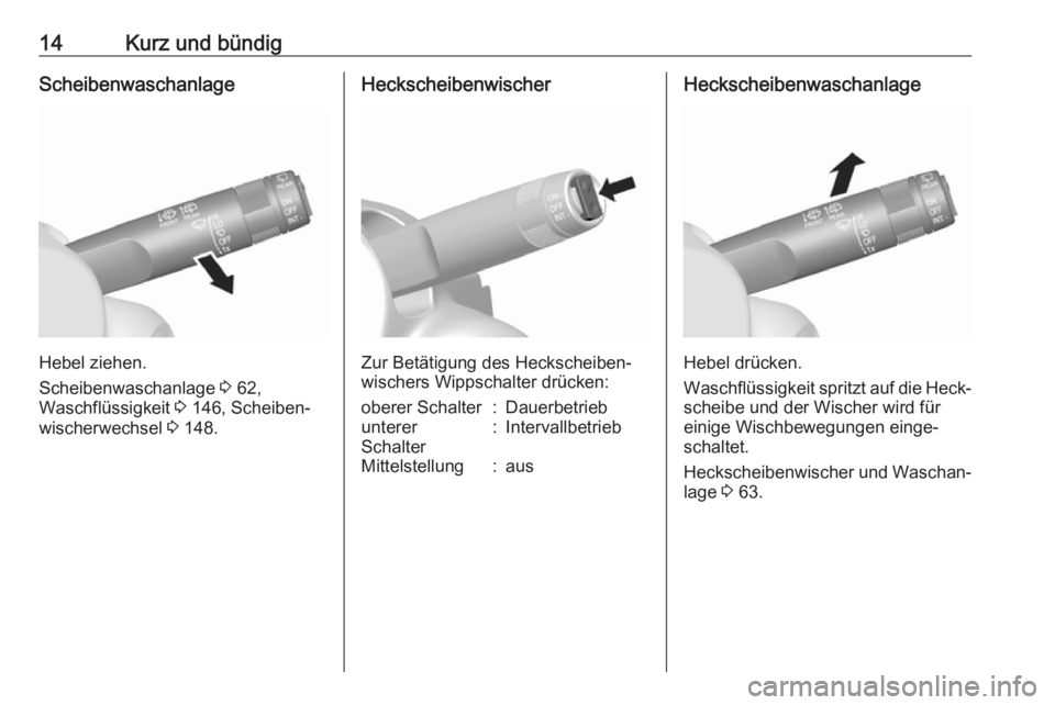 OPEL KARL 2017.5  Betriebsanleitung (in German) 14Kurz und bündigScheibenwaschanlage
Hebel ziehen.
Scheibenwaschanlage  3 62,
Waschflüssigkeit  3 146, Scheiben‐
wischerwechsel  3 148.
Heckscheibenwischer
Zur Betätigung des Heckscheiben‐
wisc