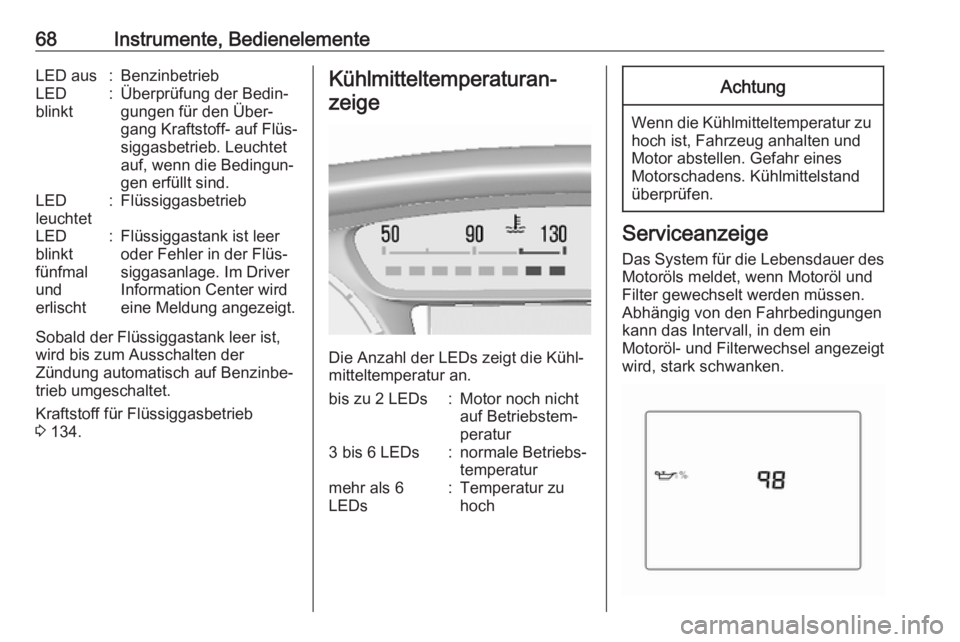 OPEL KARL 2017.5  Betriebsanleitung (in German) 68Instrumente, BedienelementeLED aus:BenzinbetriebLED
blinkt:Überprüfung der Bedin‐
gungen für den Über‐
gang Kraftstoff- auf Flüs‐
siggasbetrieb. Leuchtet
auf, wenn die Bedingun‐
gen erf