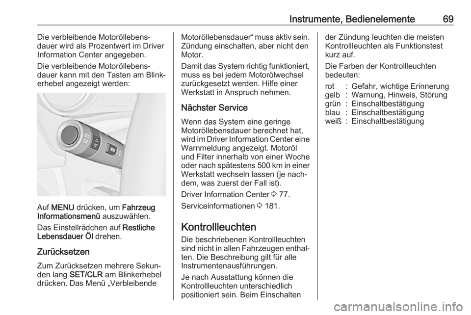 OPEL KARL 2017.5  Betriebsanleitung (in German) Instrumente, Bedienelemente69Die verbleibende Motoröllebens‐
dauer wird als Prozentwert im Driver
Information Center angegeben.
Die verbleibende Motoröllebens‐
dauer kann mit den Tasten am Blink