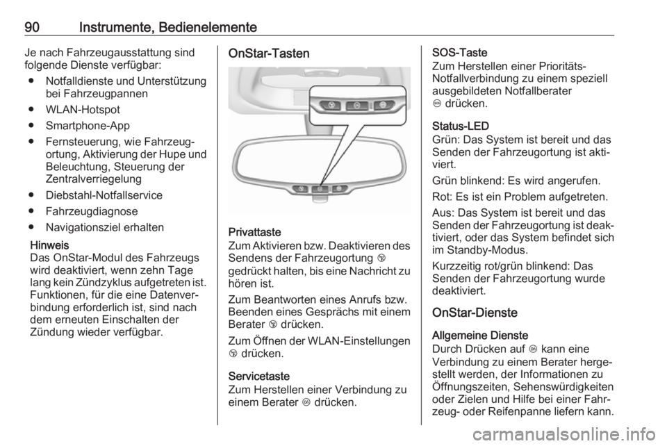 OPEL KARL 2017.5  Betriebsanleitung (in German) 90Instrumente, BedienelementeJe nach Fahrzeugausstattung sind
folgende Dienste verfügbar:
● Notfalldienste und Unterstützung
bei Fahrzeugpannen
● WLAN-Hotspot
● Smartphone-App
● Fernsteuerun