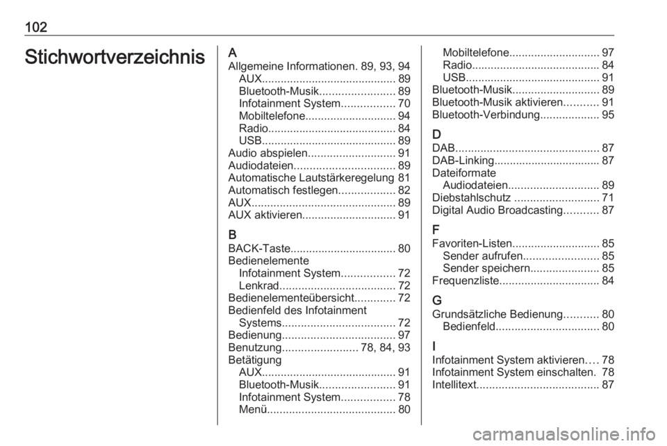 OPEL KARL 2018.5  Infotainment-Handbuch (in German) 102StichwortverzeichnisAAllgemeine Informationen. 89, 93, 94 AUX ........................................... 89
Bluetooth-Musik ........................89
Infotainment System .................70
Mobil