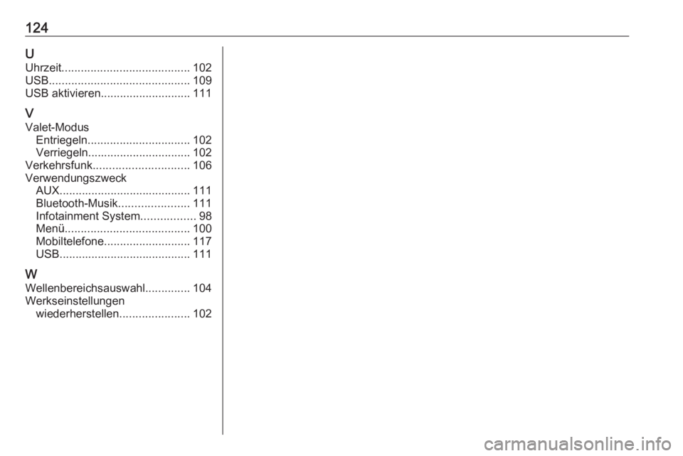 OPEL KARL 2019 Infotainment-Handbuch (in German) 124UUhrzeit ........................................ 102
USB ............................................ 109
USB aktivieren ............................ 111
V
Valet-Modus Entriegeln ................. OPEL KARL 2019 Infotainment-Handbuch (in German) 124UUhrzeit ........................................ 102
USB ............................................ 109
USB aktivieren ............................ 111
V
Valet-Modus Entriegeln .................