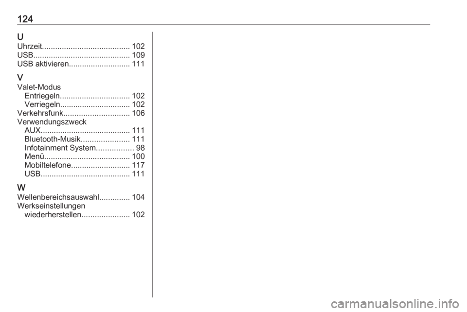 OPEL KARL 2019  Infotainment-Handbuch (in German) 124UUhrzeit ........................................ 102
USB ............................................ 109
USB aktivieren ............................ 111
V
Valet-Modus Entriegeln .................