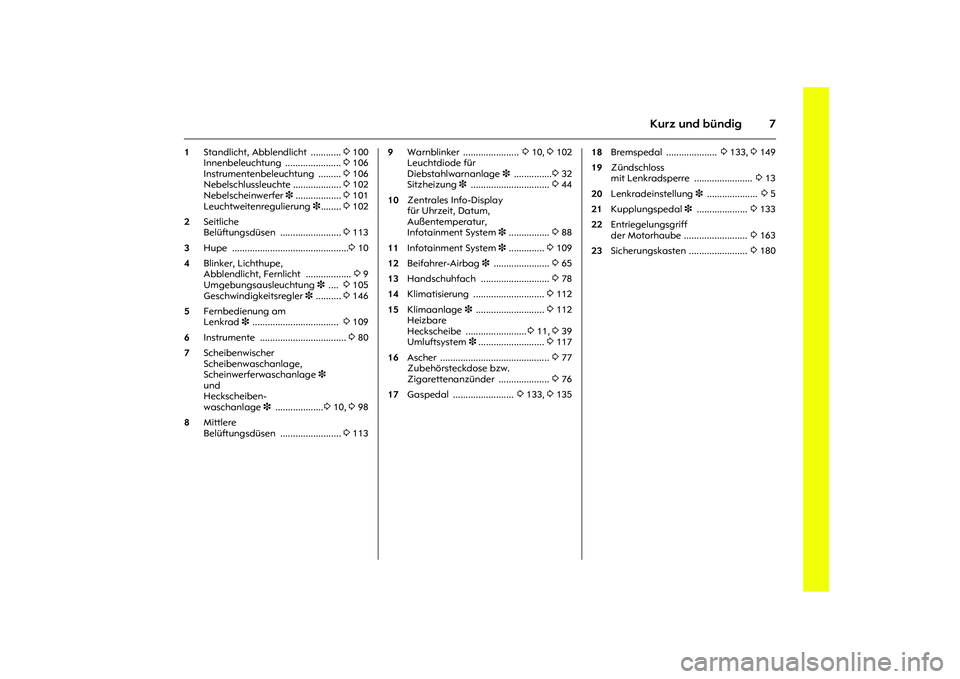 OPEL MERIVA 2010  Betriebsanleitung (in German) 7
Kurz und bündig
1Standlicht, Abblendlicht  ............3 100
Innenbeleuchtung ......................3 106
Instrumentenbeleuchtung .........3 106
Nebelschlussleuchte ...................3 102
Nebelsc