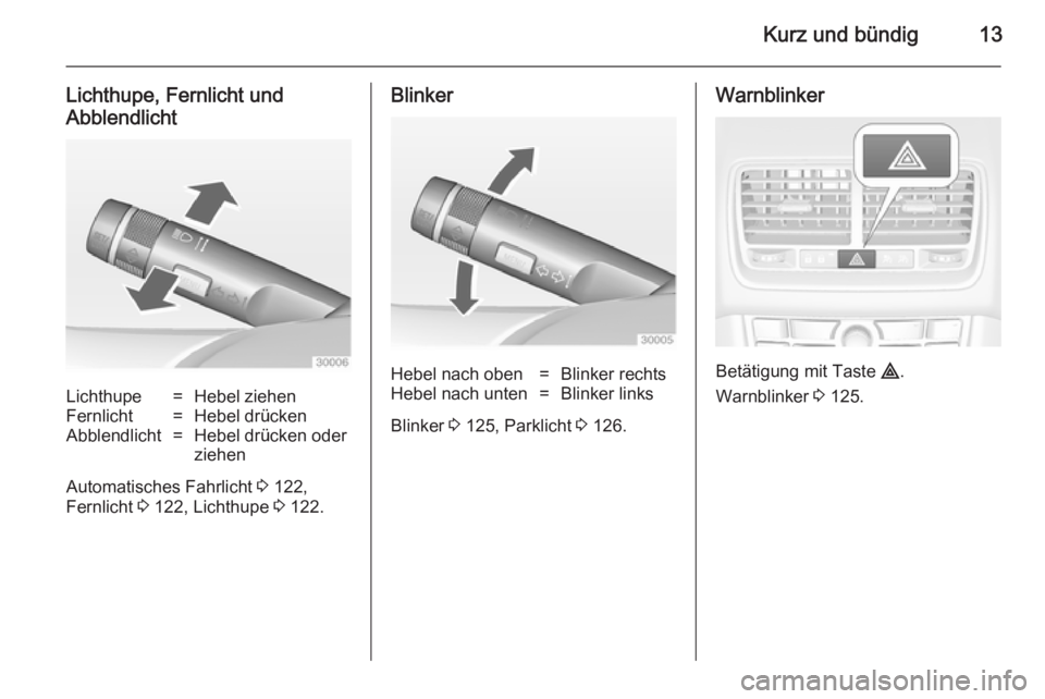 OPEL MERIVA 2014.5  Betriebsanleitung (in German) Kurz und bündig13
Lichthupe, Fernlicht und
AbblendlichtLichthupe=Hebel ziehenFernlicht=Hebel drückenAbblendlicht=Hebel drücken oder
ziehen
Automatisches Fahrlicht  3 122,
Fernlicht  3 122, Lichthup