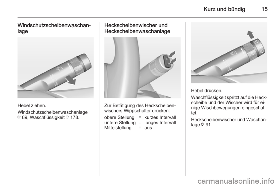 OPEL MERIVA 2014.5  Betriebsanleitung (in German) Kurz und bündig15
Windschutzscheibenwaschan‐
lage
Hebel ziehen.
Windschutzscheibenwaschanlage
3  89, Waschflüssigkeit  3 178.
Heckscheibenwischer und
Heckscheibenwaschanlage
Zur Betätigung des He