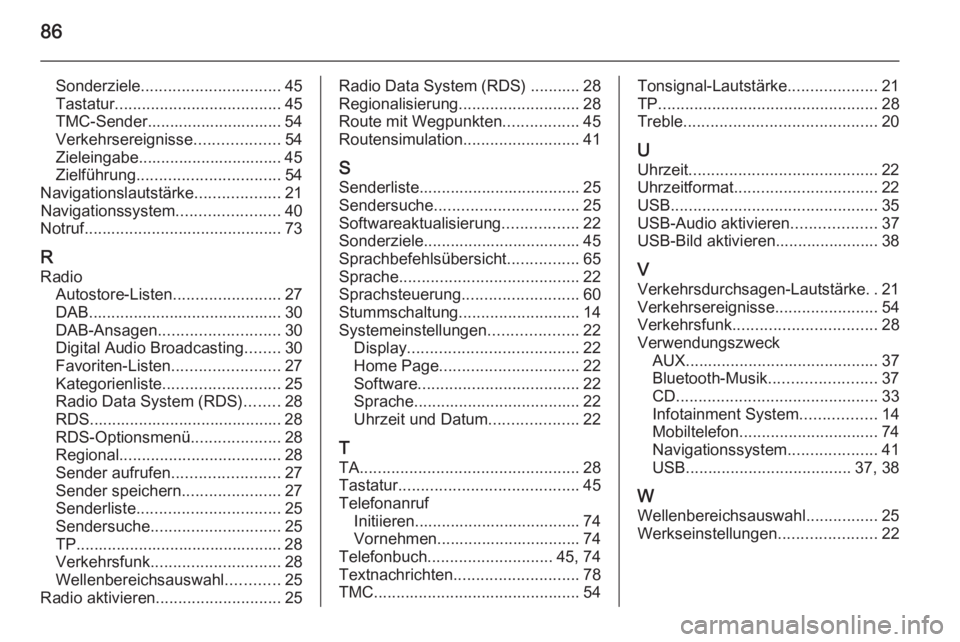 OPEL MERIVA 2015.5  Infotainment-Handbuch (in German) 86
Sonderziele............................... 45
Tastatur ..................................... 45
TMC-Sender.............................. 54
Verkehrsereignisse ...................54
Zieleingabe.....